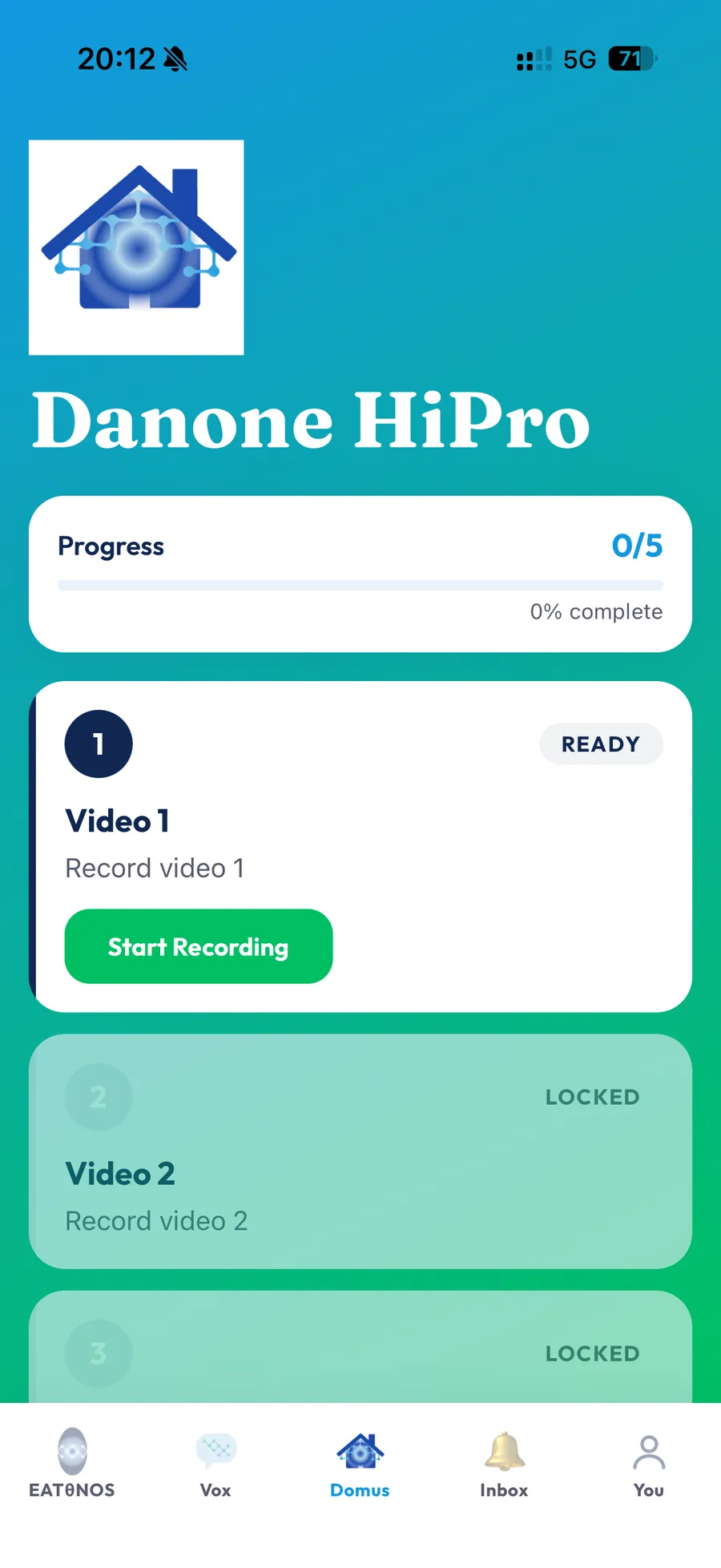 Eatpol app showing a Domus home-testing study with recording steps