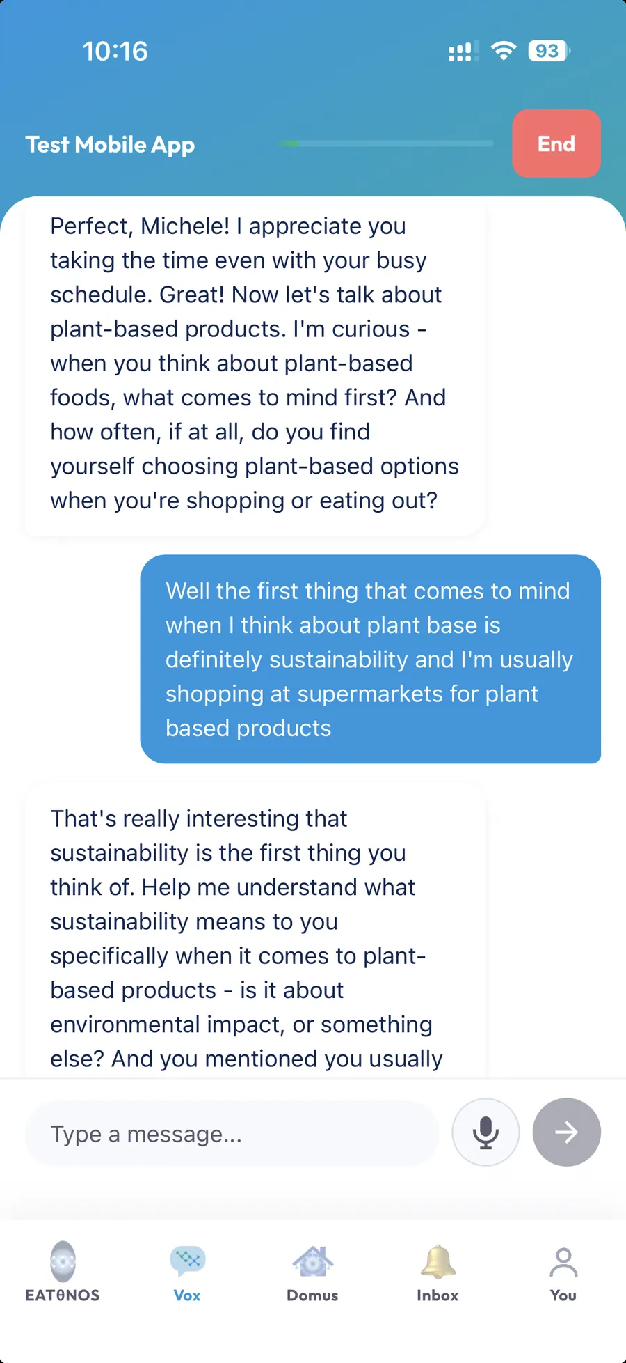 Eatpol app showing an AI-guided Vox interview conversation